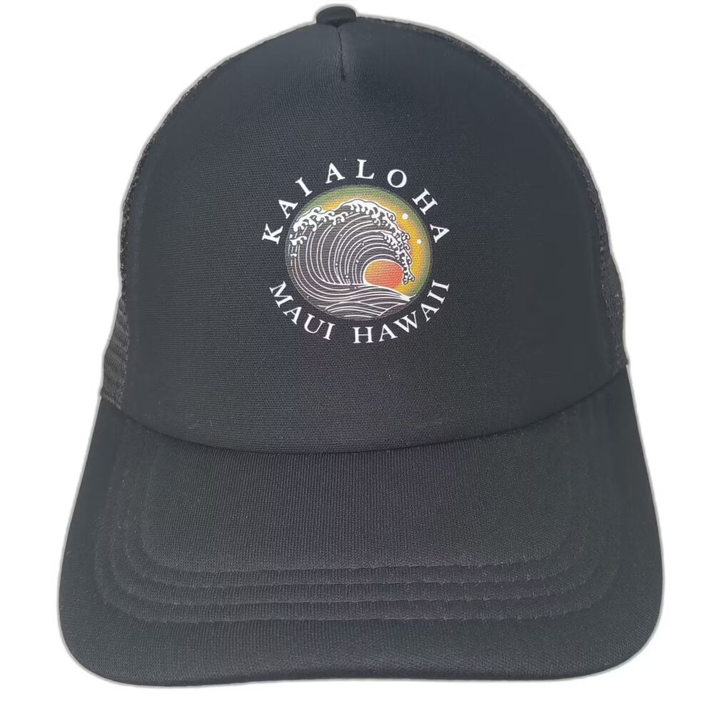 Kai Aloha Supply Trucker Hat Black White Snapback OS Maui Hawaii Wave Graphic